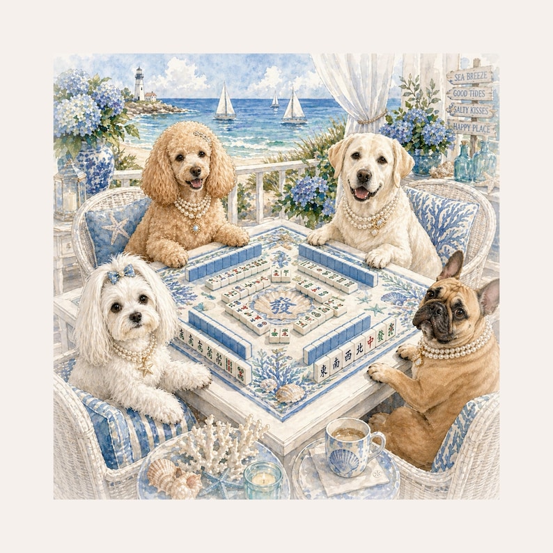 May include: Watercolor illustration of four dogs playing mahjong on a coastal patio. The dogs, a poodle, a Labrador, a Maltese, and a French Bulldog, wear pearl necklaces. The table is decorated with blue and white tiles, and the background shows the ocean.