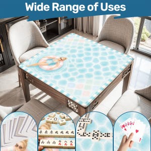 May include: A wooden game table with a blue and white patterned surface, featuring a woman in a pool float. The table is surrounded by chairs. The image includes the text "Wide Range of Uses" and examples of games like cards, mahjong, and dominoes.
