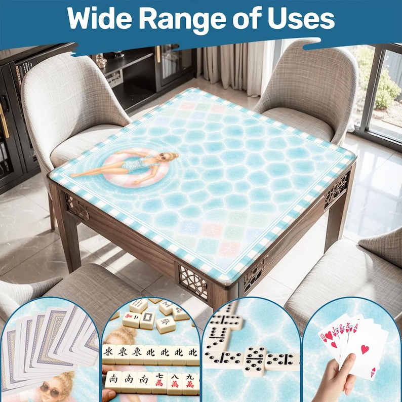 May include: A wooden game table with a blue and white patterned surface, featuring a woman in a pool float. The table is surrounded by chairs. The image includes the text "Wide Range of Uses" and examples of games like cards, mahjong, and dominoes.