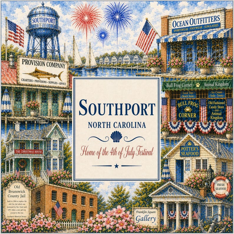 Southport, North Carolina Coastal Illustration Mahjong Mat Design bild 1