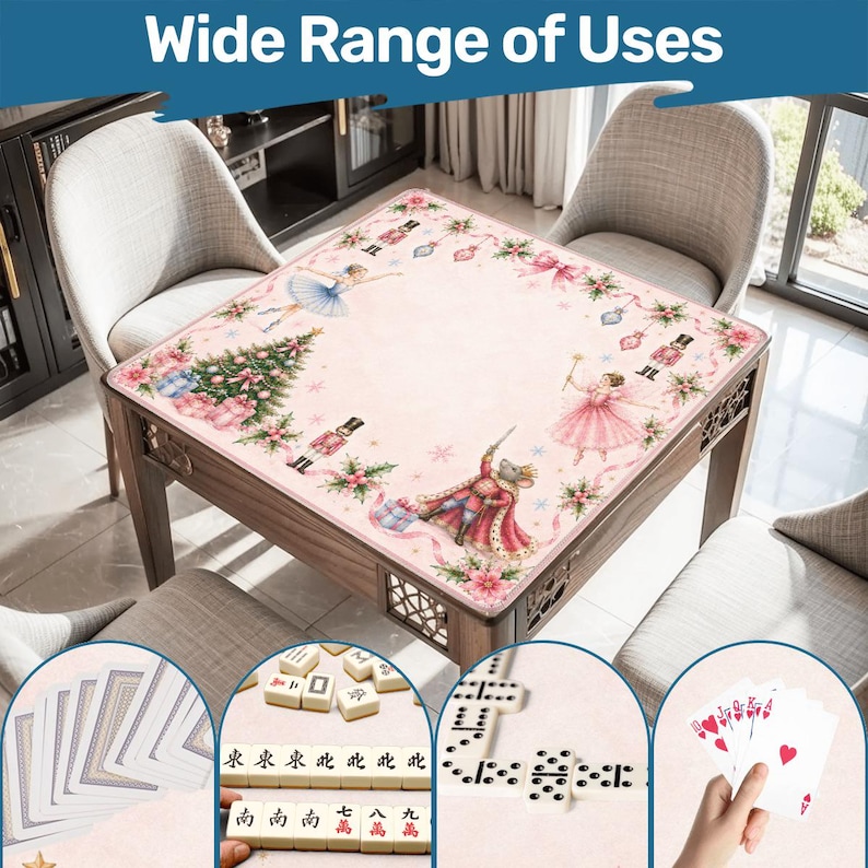 May include: A wooden table with a pink, decorative mat featuring a Christmas theme with ballerinas, a Christmas tree, and a mouse king. The image includes examples of card games, dominoes, and mahjong.