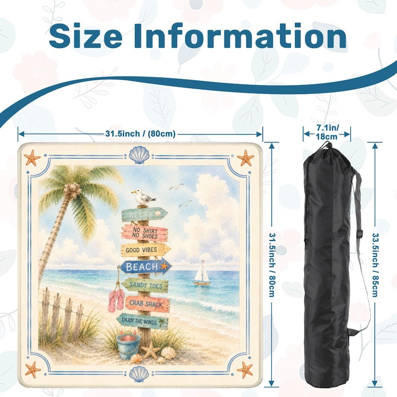 Pu&ograve; includere: Un tappetino a tema spiaggia con una scena costiera, con una palma, cartelli e una barca a vela. Il tappetino &egrave; di 80 cm quadrati, con una borsa da trasporto nera lunga 85 cm e larga 18 cm.