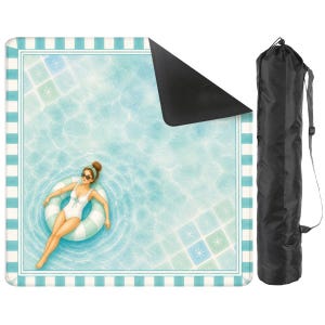 May include: A rectangular beach blanket featuring a woman in a white swimsuit floating in a pool. The blanket has a blue and white striped border and a black carrying bag. The blanket measures approximately 60 inches by 72 inches.