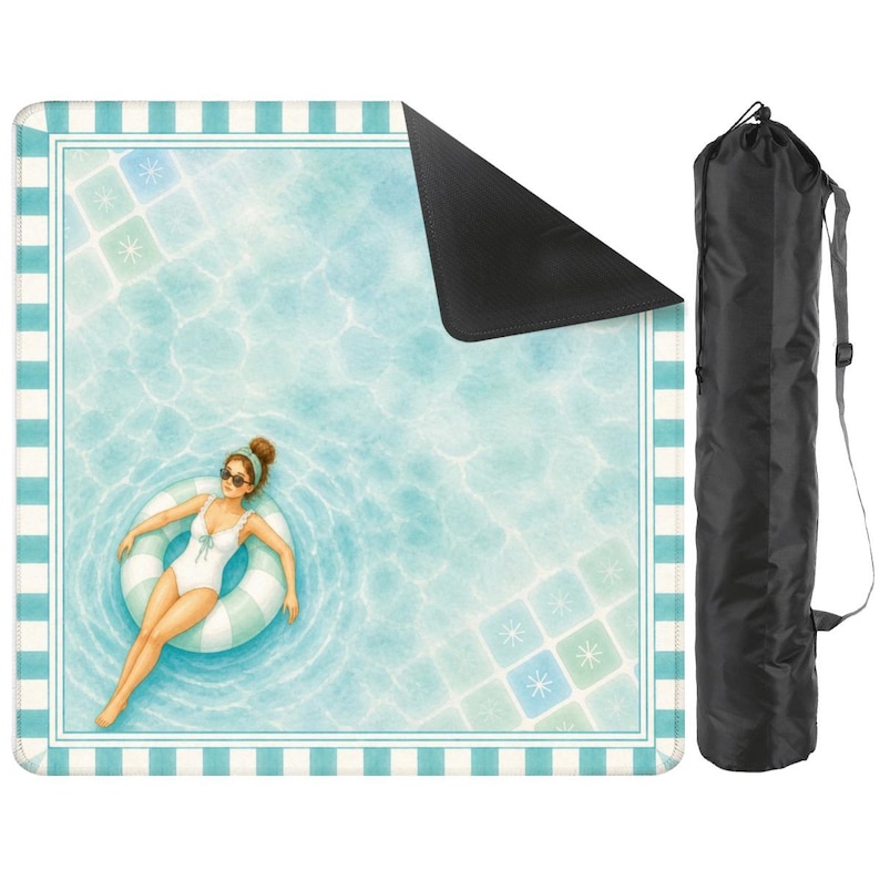 May include: A rectangular beach blanket featuring a woman in a white swimsuit floating in a pool. The blanket has a blue and white striped border and a black carrying bag. The blanket measures approximately 60 inches by 72 inches.