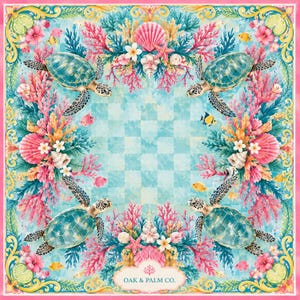 May include: Square scarf with a vibrant aquatic design. Features four sea turtles, coral, seashells, and fish on a checkered blue background. The scarf has a pink border and the text "OAK & PALM CO."