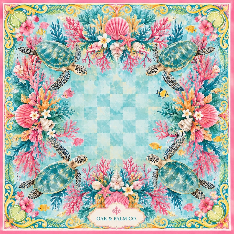 May include: Square scarf with a vibrant aquatic design. Features four sea turtles, coral, seashells, and fish on a checkered blue background. The scarf has a pink border and the text "OAK & PALM CO."