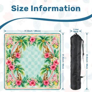 May include: A square beach blanket with a tropical design featuring monkeys, palm trees, and flowers. The blanket measures 31.5 inches (80cm) on each side and comes with a black carrying bag. The bag is 33.5 inches (85cm) long.
