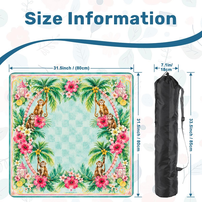 May include: A square beach blanket with a tropical design featuring monkeys, palm trees, and flowers. The blanket measures 31.5 inches (80cm) on each side and comes with a black carrying bag. The bag is 33.5 inches (85cm) long.