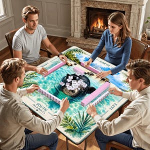 May include: A square mahjong table featuring a tropical beach scene with a black bear graphic, four pink tile racks, and white mahjong tiles. The table surface displays the cardinal directions North, South, East, and West with the text Oak & Palm Co.