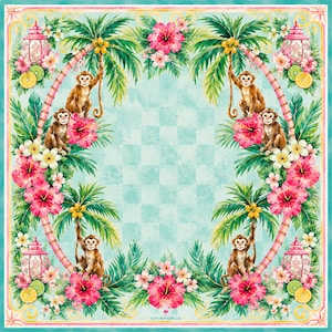 May include: Square scarf with a tropical design featuring monkeys, palm trees, and vibrant flowers. The artwork includes pink hibiscus, white flowers, and a light blue checkered background. The border is a teal color, and the text "OAK & PALM CO." is at the bottom.