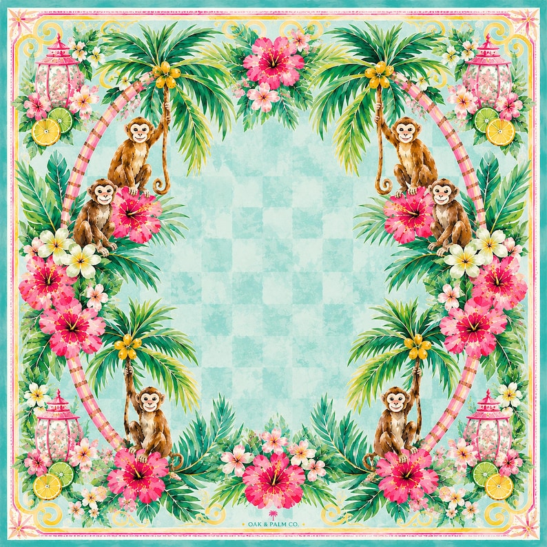 May include: Square scarf with a tropical design featuring monkeys, palm trees, and vibrant flowers. The artwork includes pink hibiscus, white flowers, and a light blue checkered background. The border is a teal color, and the text "OAK & PALM CO." is at the bottom.