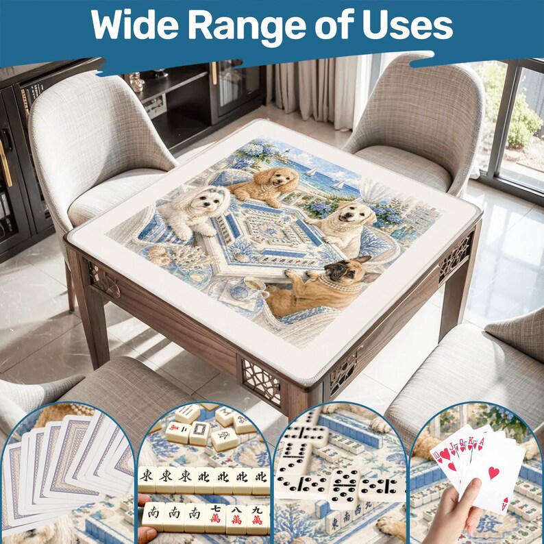 May include: A wooden game table with a decorative top featuring a dog-themed design. The table is surrounded by chairs. The image includes close-ups of playing cards, dominoes, and Mahjong tiles, suggesting a variety of game uses. Text at the top reads "Wide Range of Uses."