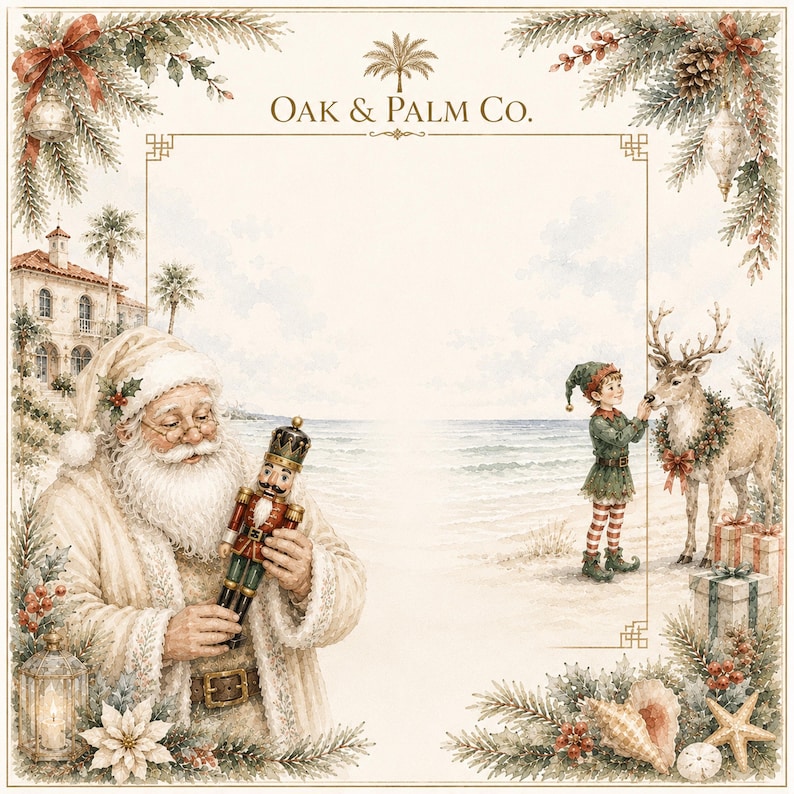 May include: Watercolor illustration featuring Santa Claus holding a nutcracker, an elf with a reindeer, and a coastal scene. The image is framed with Christmas greenery and the text "OAK & PALM CO."
