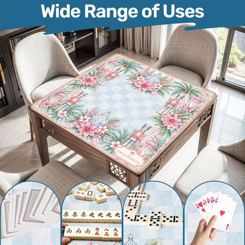 Puede incluir: Mesa de juego de madera con un dise&ntilde;o floral y de tablero de ajedrez. La mesa est&aacute; rodeada de sillas y presenta una variedad de juegos, incluyendo cartas, domin&oacute; y mahjong. El texto "Wide Range of Uses" est&aacute; en la parte superior.