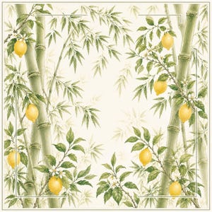 May include: Square scarf with a watercolor design featuring bamboo stalks, lemon branches, and leaves. The lemons are yellow, the bamboo is green, and the background is off-white. A white border frames the design.