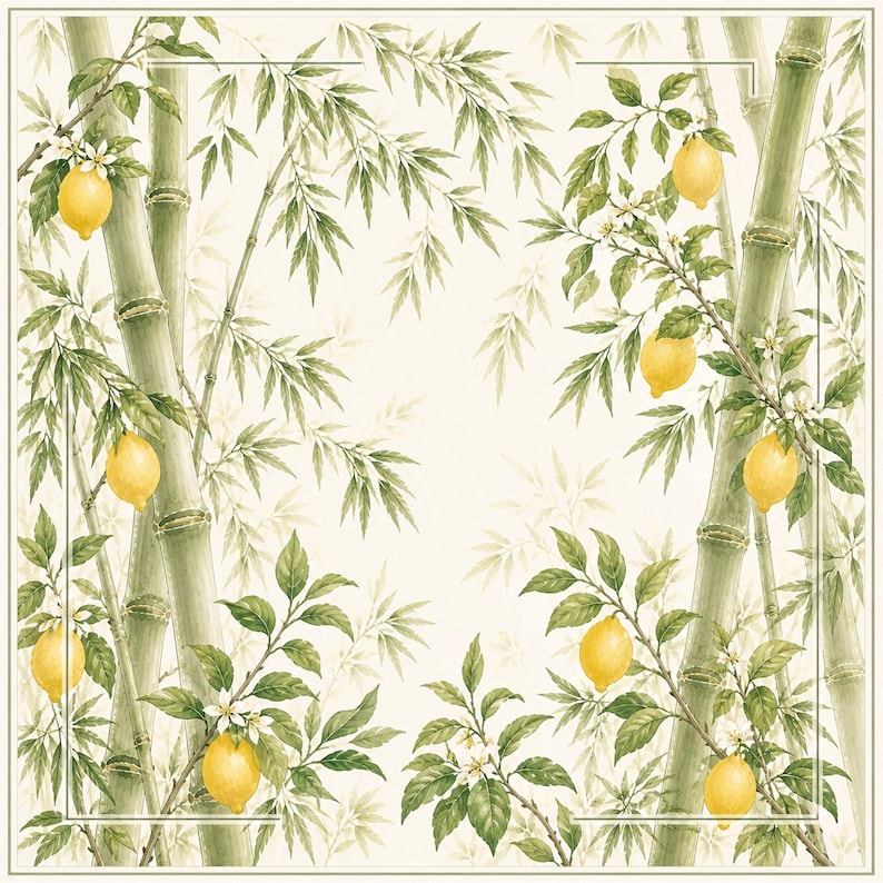 May include: Square scarf with a watercolor design featuring bamboo stalks, lemon branches, and leaves. The lemons are yellow, the bamboo is green, and the background is off-white. A white border frames the design.