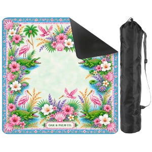 May include: A colorful beach mat with a tropical design featuring pink birds, alligators, flowers, and seashells. The mat has a blue border and the text "OAK & PALM CO." A black carrying bag is included.