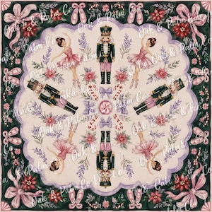 May include: A square fabric print featuring a repeating pattern of nutcrackers and ballerinas in pink tutus, surrounded by poinsettias, candy canes, and ballet slippers. The design includes a central scalloped border on a cream background.