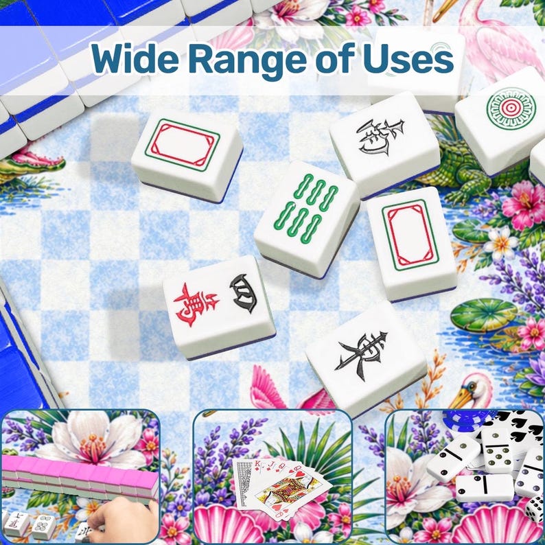 May include: White Mahjong tiles with red, green, and black symbols and designs are scattered on a blue and white checkered surface. The text "Wide Range of Uses" is at the top of the image. The image also shows dominoes and playing cards.