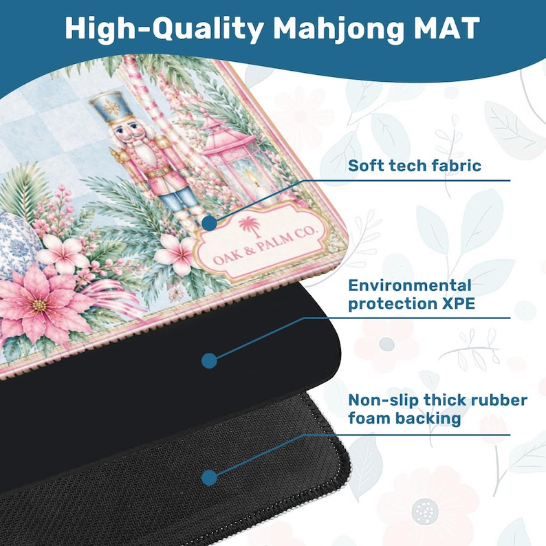 Puede incluir: Una alfombrilla de Mahjong de alta calidad con un dise&ntilde;o decorativo que presenta un cascanueces, flores y una linterna rosa. La alfombrilla tiene una tela t&eacute;cnica suave, protecci&oacute;n ambiental XPE y un respaldo de espuma de goma gruesa antideslizante.