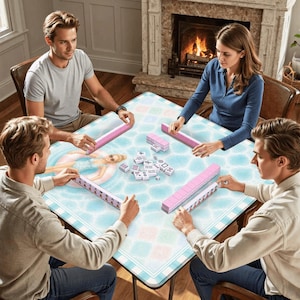May include: Four people are gathered around a square table playing Mahjong. The table has a light blue and white pattern with a mermaid illustration. Pink tile racks and tiles are visible. A fireplace is in the background.