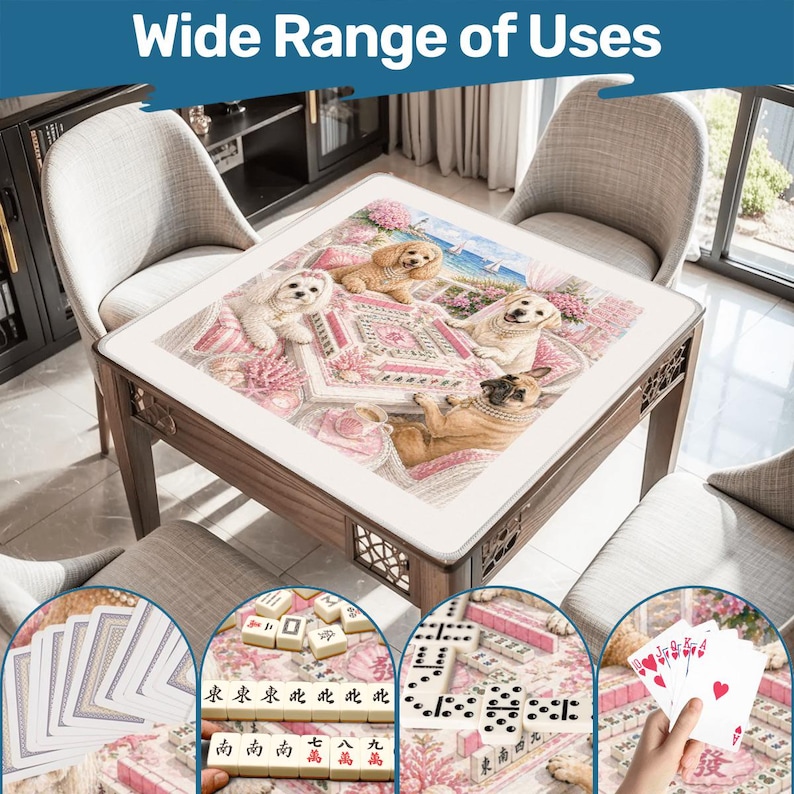 May include: A square wooden table with a decorative border and a dog-themed tabletop. The tabletop features a pink rug design with images of dogs. The image includes the text "Wide Range of Uses". The table is surrounded by chairs and examples of games.