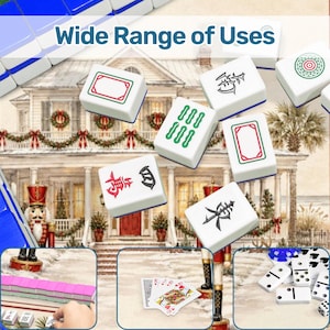 May include: White Mahjong tiles with red, green, and black symbols and borders are scattered in front of a house illustration. The text "Wide Range of Uses" is at the top. The image also shows dominoes, playing cards, and a Mahjong set.