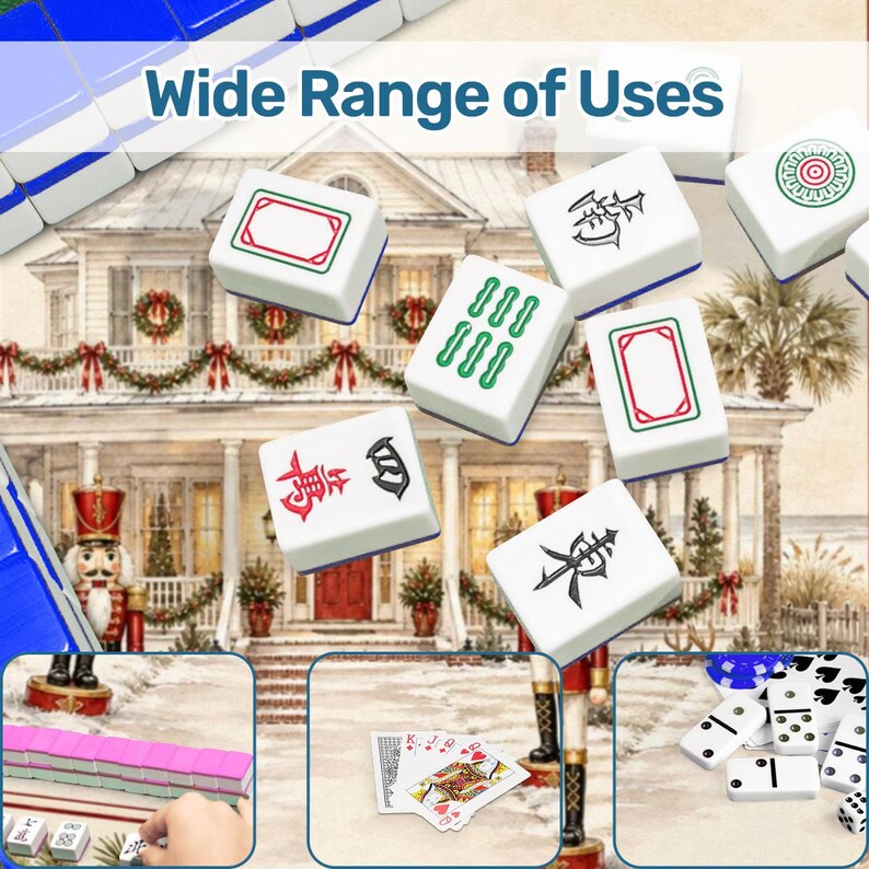 May include: White Mahjong tiles with red, green, and black symbols and borders are scattered in front of a house illustration. The text "Wide Range of Uses" is at the top. The image also shows dominoes, playing cards, and a Mahjong set.