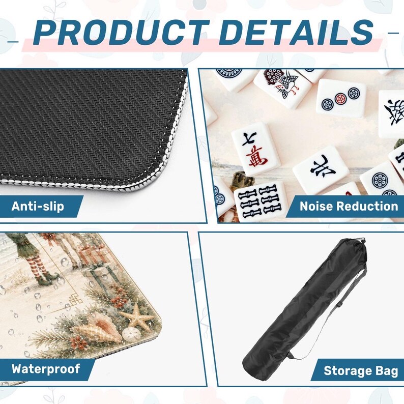 May include: Product details image showing an anti-slip surface, Mahjong tiles, a waterproof surface, and a storage bag. The text "PRODUCT DETAILS" is at the top. The Mahjong tiles have red and black characters. The storage bag is black.