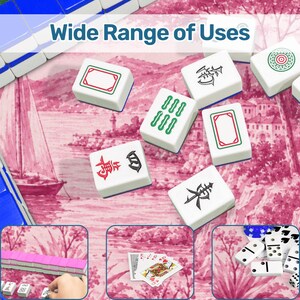 May include: White Mahjong tiles with blue edges and various symbols and designs are scattered on a pink patterned surface. The image includes the text "Wide Range of Uses". Additional game pieces like dominoes and playing cards are also shown.