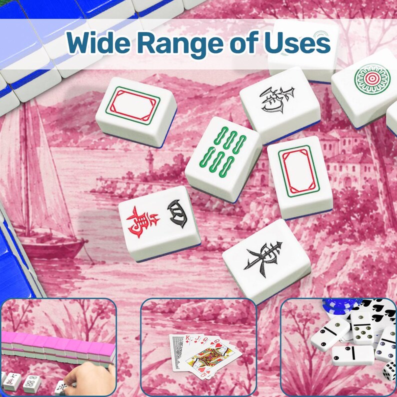 May include: White Mahjong tiles with blue edges and various symbols and designs are scattered on a pink patterned surface. The image includes the text "Wide Range of Uses". Additional game pieces like dominoes and playing cards are also shown.