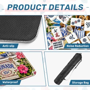 May include: Image showcasing product details. Features include an anti-slip surface, noise reduction, waterproof design, and a storage bag. The image also displays a close-up of a black surface with white stitching, a colorful floral design, and a black storage bag.