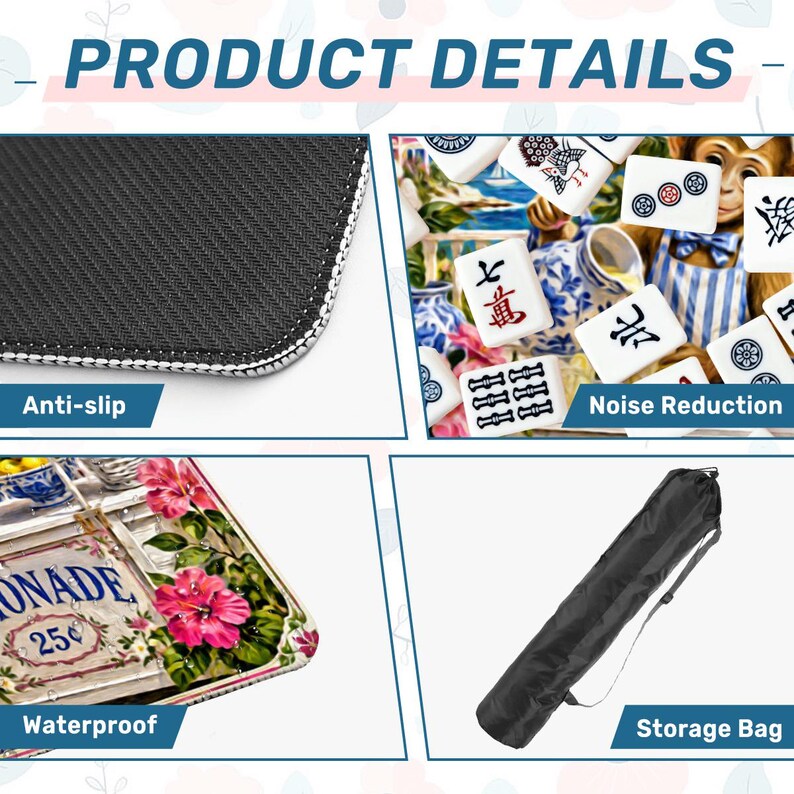 May include: Image showcasing product details. Features include an anti-slip surface, noise reduction, waterproof design, and a storage bag. The image also displays a close-up of a black surface with white stitching, a colorful floral design, and a black storage bag.