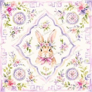 May include: A square fabric print featuring a central brown rabbit wearing a floral crown and a pink bow. The design is framed by a purple quatrefoil border, surrounded by watercolor flowers in pink, purple, and green, with the text Oak & Palm Co.
