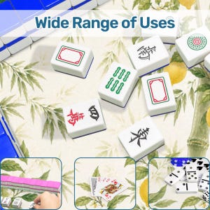 May include: White Mahjong tiles with blue edges, featuring red, green, and black symbols and designs. The image also shows playing cards and dominoes, with the text "Wide Range of Uses" at the top.