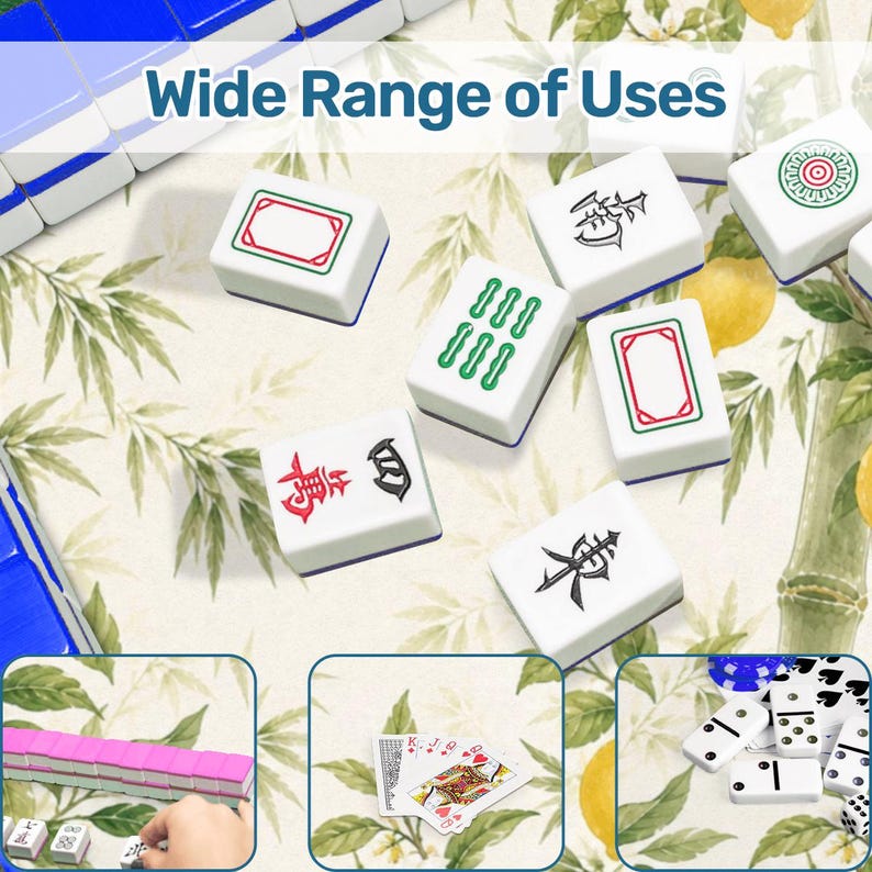 May include: White Mahjong tiles with blue edges, featuring red, green, and black symbols and designs. The image also shows playing cards and dominoes, with the text "Wide Range of Uses" at the top.
