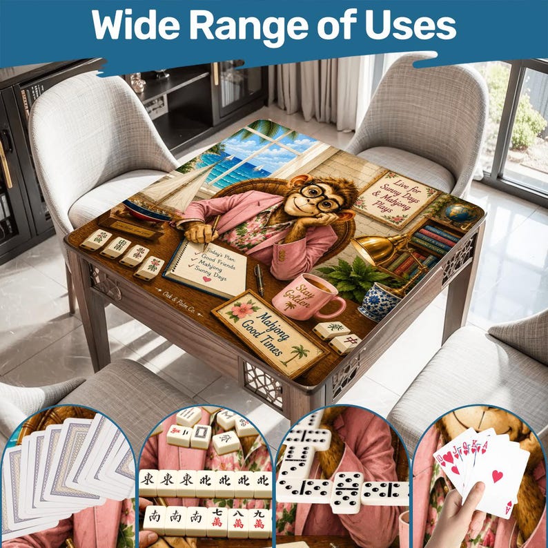 May include: A wooden mahjong table with a decorative top featuring a monkey wearing glasses and a pink suit. The table is surrounded by chairs and includes the text "Wide Range of Uses". The image also shows mahjong tiles, dominoes, and playing cards.