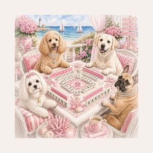 May include: An illustration depicts four dogs playing mahjong at a seaside table. The dogs, a poodle, a Labrador, a Maltese, and a French Bulldog, wear pearl necklaces. The table is set with pink accents, and the background shows a beach scene.