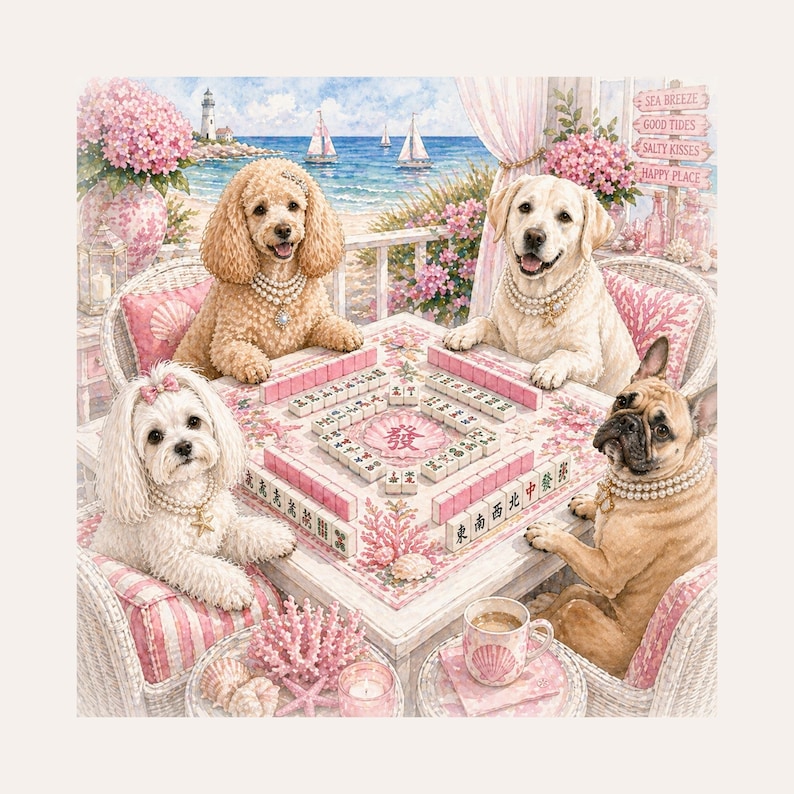 May include: An illustration depicts four dogs playing mahjong at a seaside table. The dogs, a poodle, a Labrador, a Maltese, and a French Bulldog, wear pearl necklaces. The table is set with pink accents, and the background shows a beach scene.