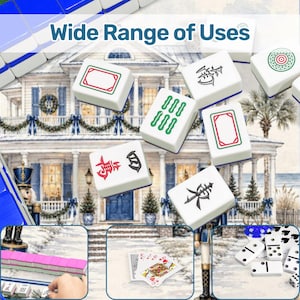 May include: White Mahjong tiles with red, green, and black symbols and designs. The image includes the text "Wide Range of Uses". The tiles are set against a backdrop of a winter scene with a house and Christmas decorations. Additional game pieces are shown.