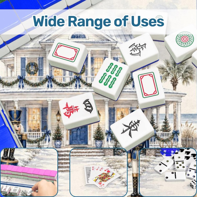 May include: White Mahjong tiles with red, green, and black symbols and designs. The image includes the text "Wide Range of Uses". The tiles are set against a backdrop of a winter scene with a house and Christmas decorations. Additional game pieces are shown.