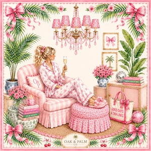 May include: A watercolor illustration of a woman in pink pajamas relaxing in a pink armchair. The room is decorated with pink accents, including a chandelier, flowers, and a tote bag that says "Good Days & Tan Lines."