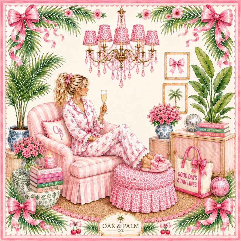 May include: A watercolor illustration of a woman in pink pajamas relaxing in a pink armchair. The room is decorated with pink accents, including a chandelier, flowers, and a tote bag that says "Good Days & Tan Lines."