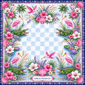 May include: Square scarf with a tropical design. Features pink flamingos, green alligators, and vibrant flowers like hibiscus and white blossoms. The border is a dark blue with a floral pattern. The center has a blue and white checkered pattern. The text "OAK & PALM CO." is at the bottom.