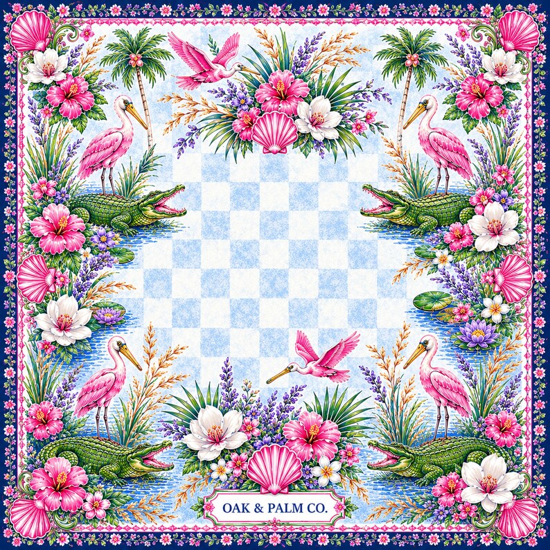 May include: Square scarf with a tropical design. Features pink flamingos, green alligators, and vibrant flowers like hibiscus and white blossoms. The border is a dark blue with a floral pattern. The center has a blue and white checkered pattern. The text "OAK & PALM CO." is at the bottom.