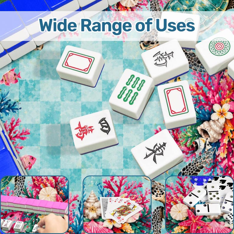 May include: White Mahjong tiles with red, green, and black symbols and designs are scattered on a blue and coral patterned surface. The text "Wide Range of Uses" is at the top. Additional games like dominoes and cards are also shown.