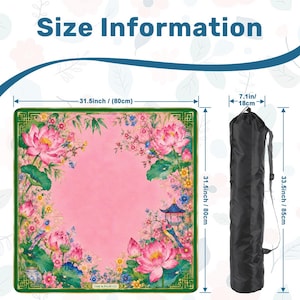 May include: A pink yoga mat with a floral design, measuring 31.5 inches (80cm) square, with a black carrying bag. The mat features a lotus flower and bird pattern. The bag is 33.5 inches (85cm) long and 7.1 inches (18cm) wide. The text "Size Information" is at the top.