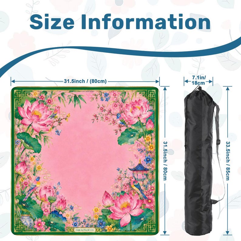 May include: A pink yoga mat with a floral design, measuring 31.5 inches (80cm) square, with a black carrying bag. The mat features a lotus flower and bird pattern. The bag is 33.5 inches (85cm) long and 7.1 inches (18cm) wide. The text "Size Information" is at the top.