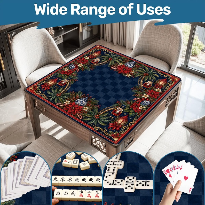 Puede incluir: Una mesa de juego de madera con una superficie a cuadros azul oscuro y un borde floral. La mesa est&aacute; rodeada de sillas y tiene ejemplos de juegos de cartas, domin&oacute; y fichas de mahjong. El texto "Wide Range of Uses" est&aacute; en la parte superior.