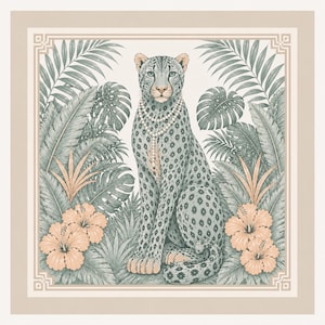 May include: Square scarf featuring a seated leopard with a pearl necklace, surrounded by tropical foliage and peach-colored hibiscus flowers. The design is set against a cream-colored border with decorative corner elements.